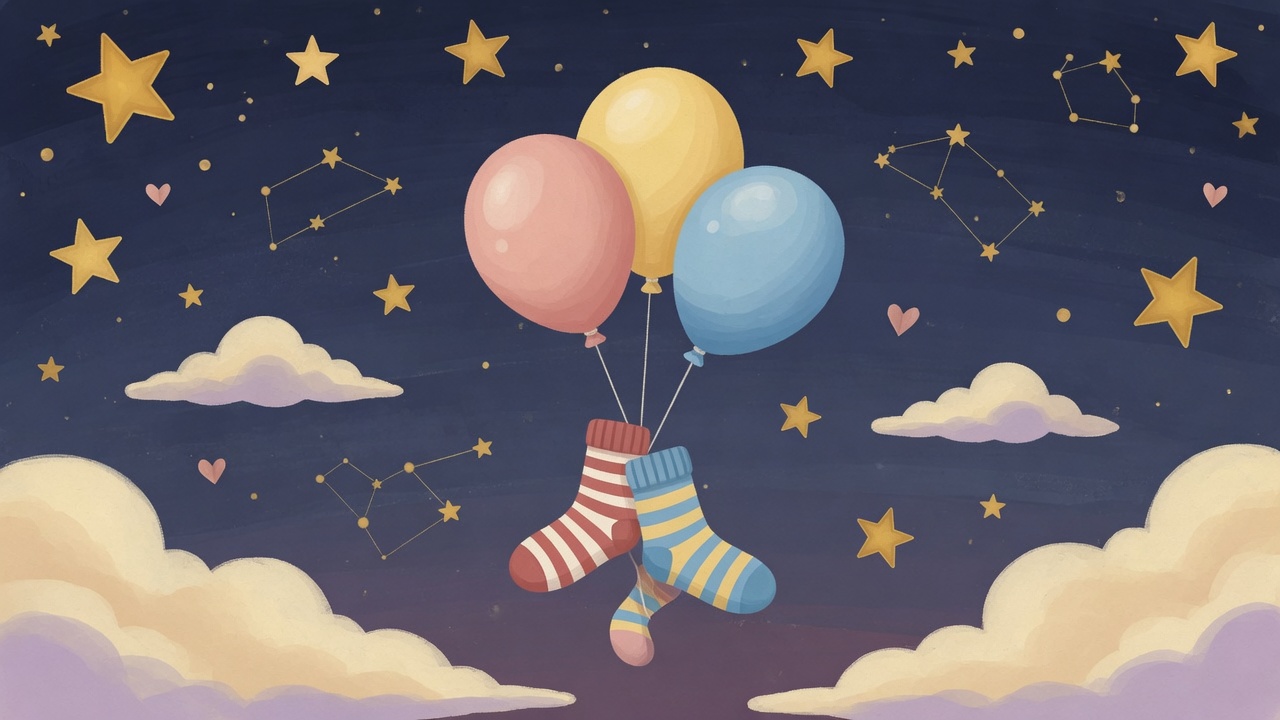 Balloons lifting striped socks among the stars