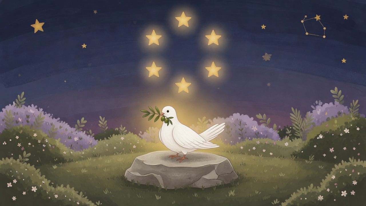 A white dove holds an olive sprig under a ring of stars